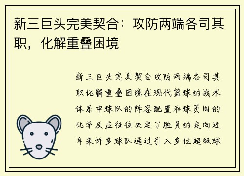 新三巨头完美契合：攻防两端各司其职，化解重叠困境