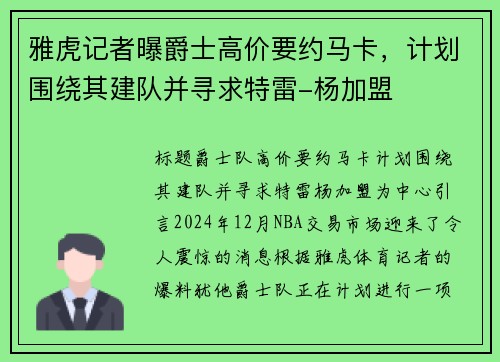 雅虎记者曝爵士高价要约马卡，计划围绕其建队并寻求特雷-杨加盟