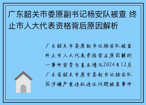 广东韶关市委原副书记杨安队被查 终止市人大代表资格背后原因解析