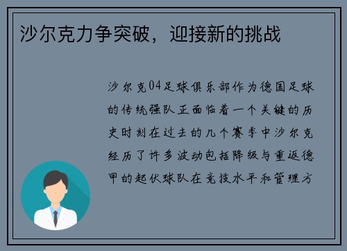 沙尔克力争突破，迎接新的挑战