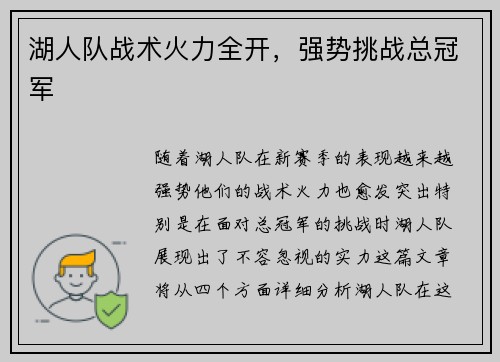 湖人队战术火力全开，强势挑战总冠军