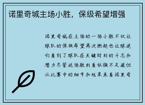 诺里奇城主场小胜，保级希望增强