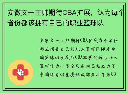 安徽文一主帅期待CBA扩展，认为每个省份都该拥有自己的职业篮球队