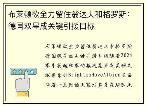 布莱顿欲全力留住翁达夫和格罗斯：德国双星成关键引援目标