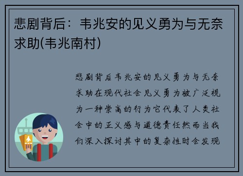 悲剧背后：韦兆安的见义勇为与无奈求助(韦兆南村)