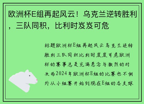 欧洲杯E组再起风云！乌克兰逆转胜利，三队同积，比利时岌岌可危