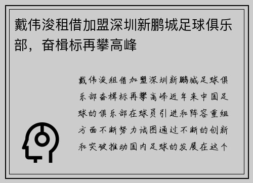 戴伟浚租借加盟深圳新鹏城足球俱乐部，奋楫标再攀高峰